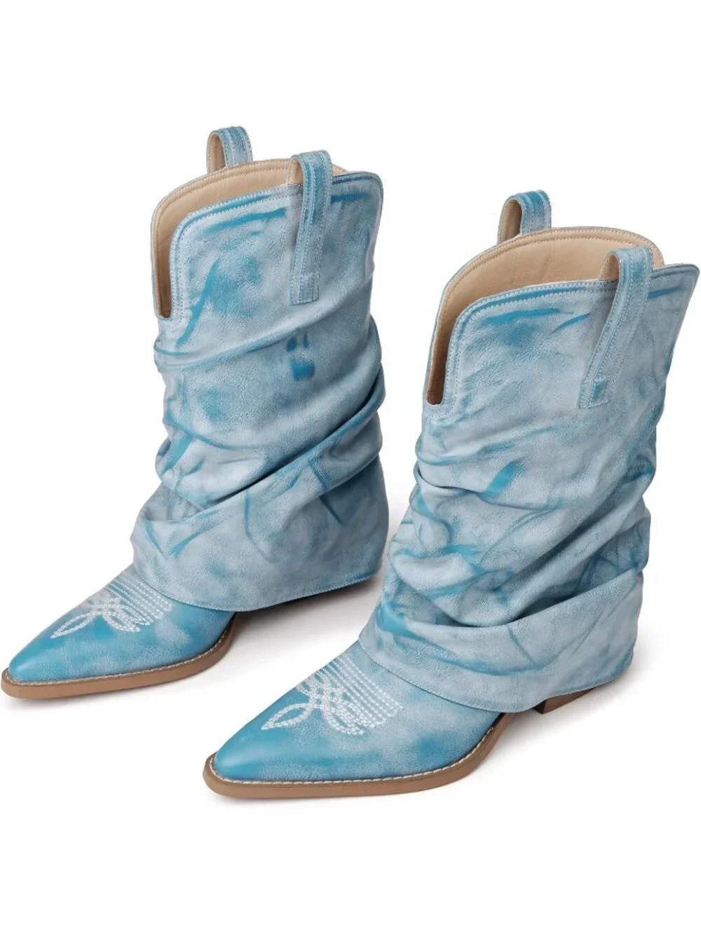 Women's Baby Blue Rubber Calf High and Pointed Toe Slouchy Riding Boots